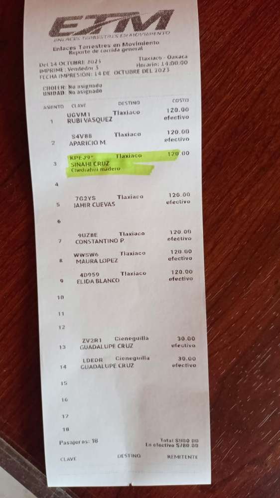 reporte de pasajeros en ticket